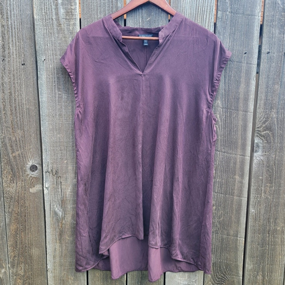 Eileen Fisher Silk Tunic Top Plum Purple V-Neck High Low Hem Sleeveless Large